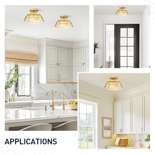 Image of zeyu 2-Light Vintage Flush Mount Light Fixture, Semi Flush Ceiling Light Fixture for Bedroom Kitchen, Metal Dome Shade in Brushed Gold Finish, ZY29-F BG