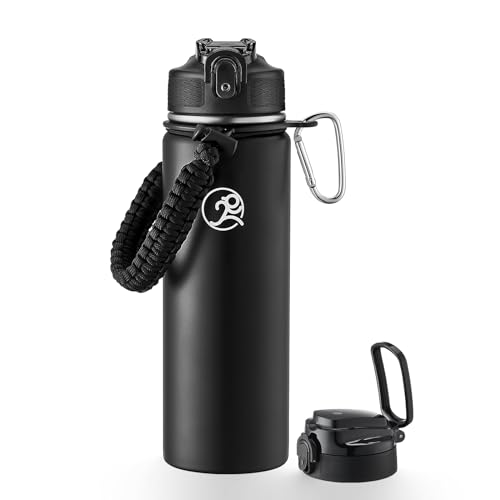 Image of GOSWAG 24oz Insulated Stainless Steel Travel Water Bottle, 2 Lids | with straw and no straw, Paracord handle, Double-wall vacuum keeps drinks cold or hot, Leakproof tumbler