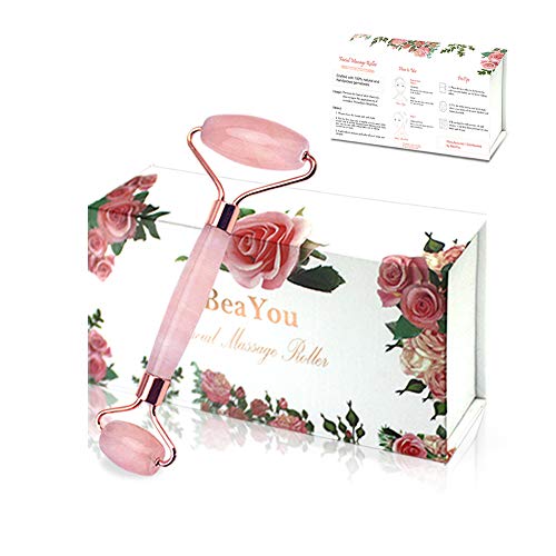 Rose Quartz Roller, Natural Crystal Face Roller Anti Aging Facial Therapy, Jade Roller for Eyes Puffiness Treatment, Lymphatic Drainage Beauty Tool Chi Roller- NO Squeak