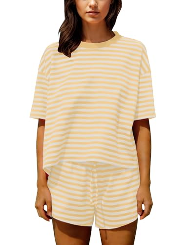 Image of Ythomm Striped Pajamas Shorts Sets Women 2 Piece Lounge Outfits Short Sleeve Tees Drawstring Shorts Summer Matching Pj Sets
