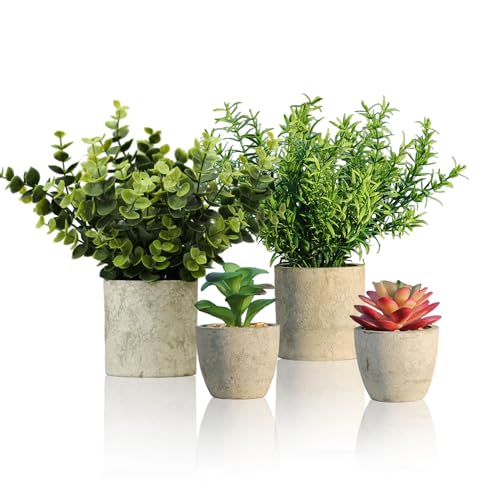 MAHMITIY Fake plants Artificial Plants Indoor Set of 4 Potted Foliage Eucalyptus Rosemary Succulents Mini Faux Plant for Room Decor Home Kitchen Garden Office Shelf Wall Decoration Indoor & Outdoor