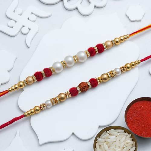 Image of eCraftIndia Beads Rudraksha Rakhi Set of 2 | Rakhi for Brother Bhaiya Bhai with Best Bro Ever Fridge Magnet | Roli Chawal Pack