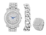 Bling-ed Out Round Luxury Mens Watch w/Bling-ed Out Cuban Bracelet and Iced King Ring Set - L0504 BR...
