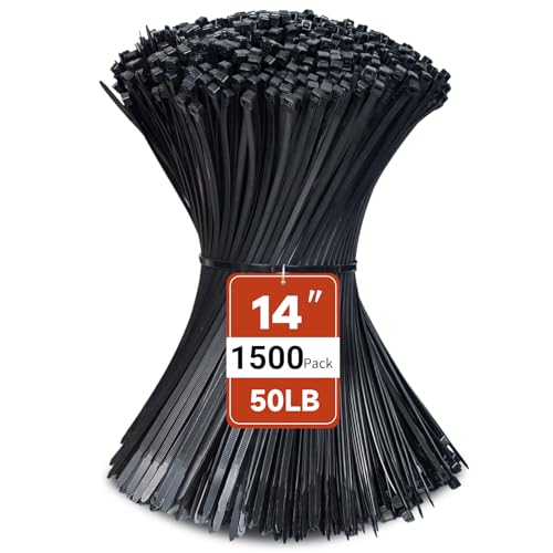 Zip Ties 14 inch (1500 Pack), Black Cable Zip Ties 50 lbs Tensile Strength Nylon Self-Locking Wire Ties Wraps for Outdoor and Indoor Use by ECRABONE