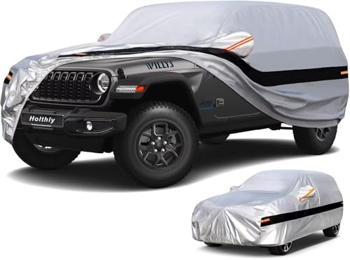 Image of 10 Layers Car Cover Custom Fit for Jeep Wrangler 4Door 4dr, Waterproof All Weather for Automobiles, Outdoor Full Cover Sun Dust Rain Protection with Cotton. Silver