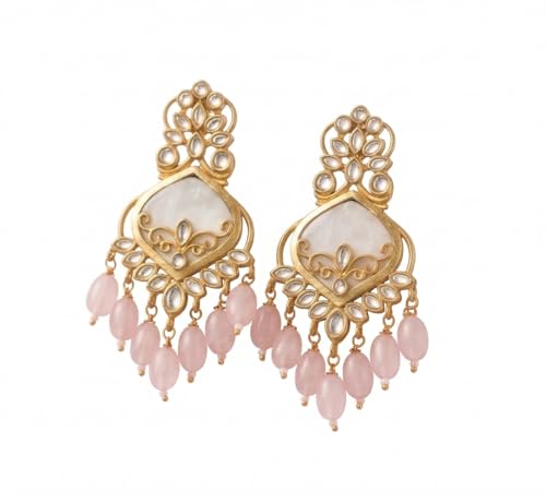 Image of Traditional 20K Gold Plated Kundan Chandbali Earrings with Black Beads and Faux Pearls for Women - Ethnic Wedding & Partyy Wear Statement Jewelry