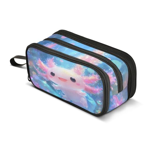 Image of Shiny Axolotl Pencil Case Box Boys Girls Large Pencil Pouch Zipper Compartments Big Capacity Stationery Pen Bag Organizer for Kids Teens Adults School Office