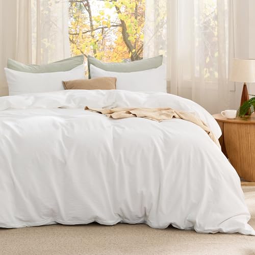 Image of Bedsure Comforter Set Queen Size - Cotton Fabric with Microfiber Inner Fill, White PureWoven Soft Bed Set for All Seasons, 3 Pieces, 1 Comforter (90 inch x 90 inch) and 2 Pillow Cases (20 inch x 26 inch)