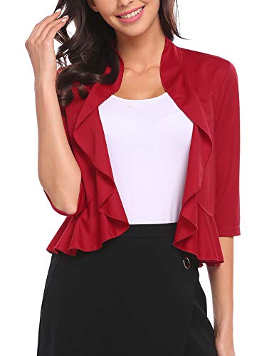 Image of Women's Open Front Cropped Cardigan 3 /4 Sleeve Casual Shrugs Jacket Draped Ruffles Bolero Cardigan