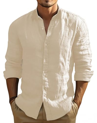 BUXKR Men's Breathable Cotton Button-Down Shirt Long Sleeve, Relaxed Fit Casual Resort Shirt, Beige
