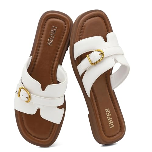 Image of UBFEN Womens Square Toe Flat Sandals Slides Dressy Comfortable for Beach