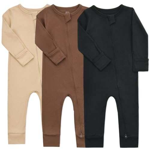 Aablexema Baby Cotton Fooltess Pajamas with Mitten, 3-pack Infant Romper Zip Up One Piece Jumpsuits Outfit