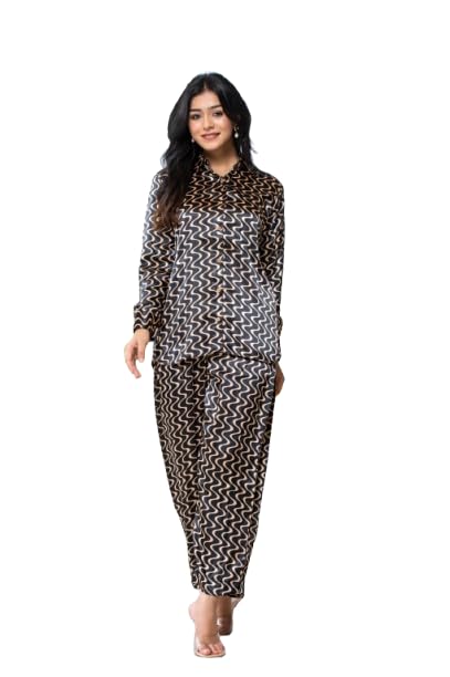 chhaap tilak Women Satin Abstract Printed Co-ord Set with Shirt Style Top and Straight Pants | Stylish Two Piece Outfit for Women (Black & Beige)-picture-37