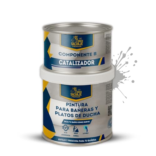 BRICOSALVAJE Pintura para Bañeras y Platos de Ducha de Poliuretano | 750 ml (600+150 ml) | Acabado Cerámico Brillo | Renovación sin Obras | Impermeable y Resistente (Piedra Serena)