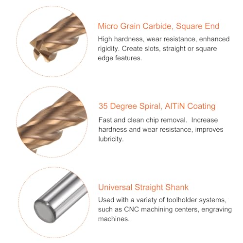 Image of HARFINGTON Micro Grain Carbide Square End Mill 3 /16 inch x 1 /2 inch (5mm x 13mm) Cut 3 /16 inch (5mm) Shank 2 inch (50mm) Length AlTiN Coated 4 Flutes Square Nose Cutter for Alloy Steel Hardened Steel