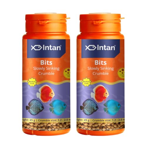 Image of Intan Bits Slow Sinking Crushable Crumble Fish Food | Crumble for Discus, Danios, Barbs & Rainbows Fish | Medium Pack 45 Gm Each, Crumble Size 1.2 to 2.0 mm Dia, Pack of 2,All Life Stages