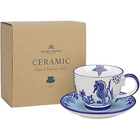 taimei teatime Ceramic Tea Cup and Saucer Set for One, 14.5 oz Large Coffee Mug and Saucer Set, Blue Single Coffee Cup and Saucer with Hand Painted Seahorse Pattern, Tea Mug Gift Set for Mother's Day Cover