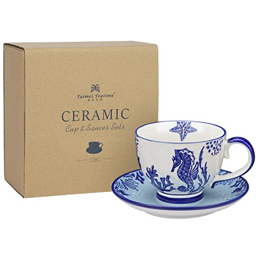 Taimei Teatime Ceramic Tea Cup and Saucer Set for One, 14.5 oz Large Coffee Mug and Saucer Set, Blue Single Coffee Cup and Saucer with Hand Painted Seahorse Pattern, Tea Mug Gift Set for Mother's Day
