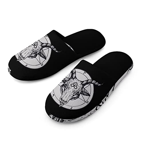 Baphomet Satanic Goat Head Men's Cotton Slippers Washable Slip-on Warm House Shoses with Rubber Sole 45-46_?11-12?