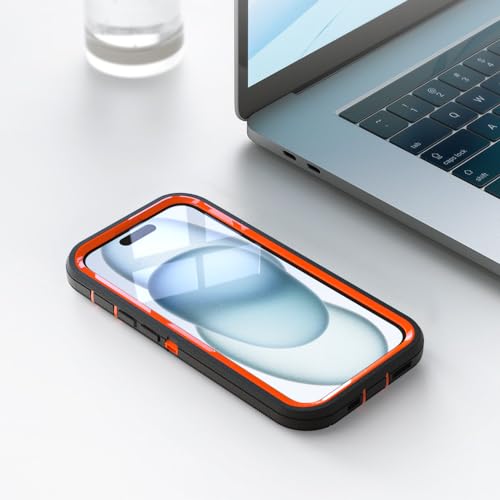 Image of Case for iPhone 15, Heavy-Duty Tough Rugged Shockproof Drop Protective Cover Phone Cases, Black+Orange