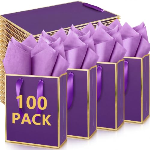 Yeaqee 100 Pack Metallic Paper Gift Bag Bulk with Handle, Purple
