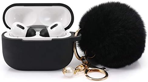 Protective Case Cover for Airpods Pro Charging Case with Ear Tips 1 Pair Kit, Air Pods Silicone Case with Soft Cute Ball Pom Pom Keychain Kit Together with Ear Buds Tips 2&1 (X, Black)