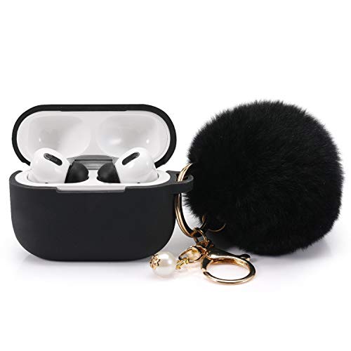 Protective Case Cover For Airpods Pro Charging Case With Ear Tips 1 Pair Kit, Air Pods Silicone Case With Soft Cute Ball Pom Pom Keychain Kit Together With Ear Buds Tips 2&1 (X, Black) #TOP28