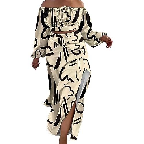 Zweiteiliges Damen-Outfit, Sommer Einfarbig Kleider 2-Teiliges Set, Schulterfrei Oberteile mit Kordelzug, Seitenschlitz Kleid, Bauchfreies Top und...