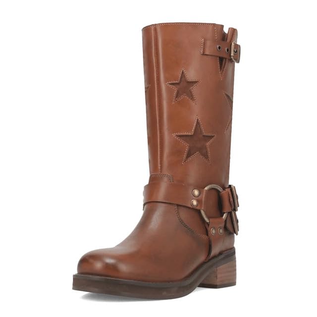 Image of KISTANIA Women's Knee High Riding Boots Square Toe Chunky Heel Fashion Buckle Belts Cowboy Cowgirl Moto Boots with Stars