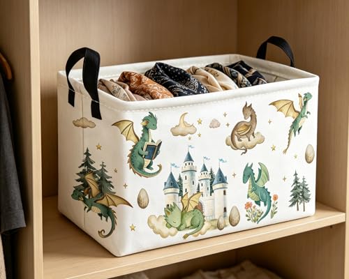 Image of Essme Rectangular Kids Baskets,Dinosaur Storage Box,Cute Basket for Kids with Handles for Room Decor, Book Bins,Shelf Basket.(Castle Dinosaurs