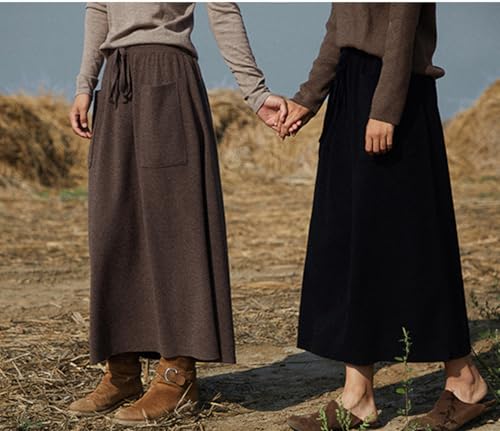 Women's Maxi Wool Skirt with Pockets Elastic High Waist Drawstrings Autumn Winter Pleated Midi Skirt4
