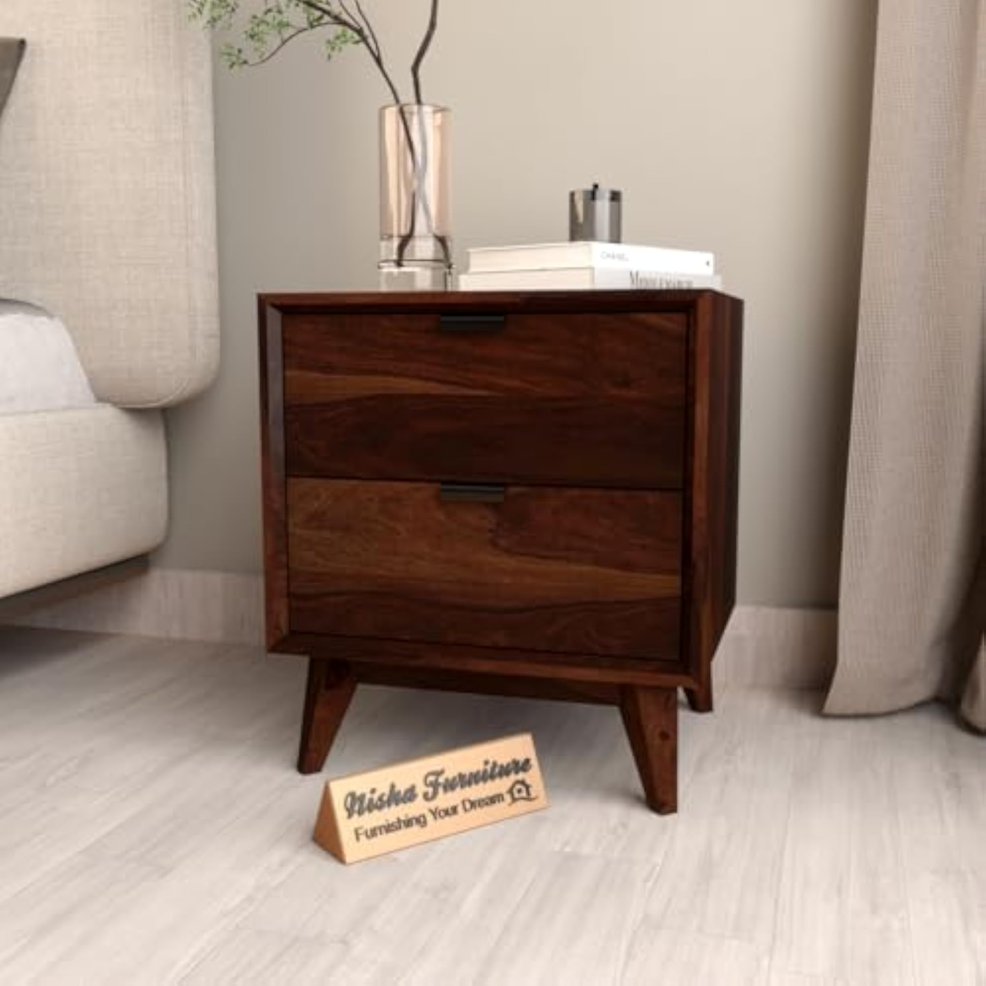 Solid Sheesham Wood Bedside Table with Drawer Storage