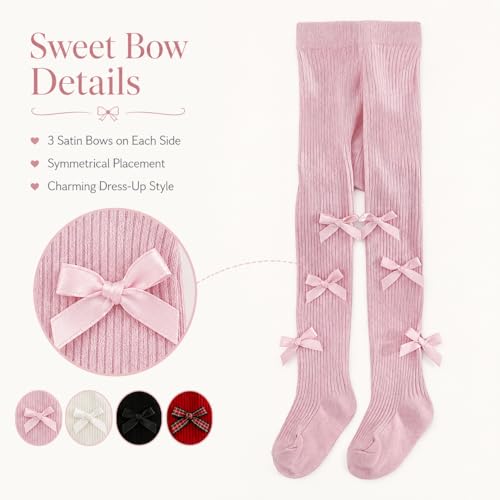 Image of VIKITA Girls Ribbed Tights with Bow - Soft Daily Knitted Leggings