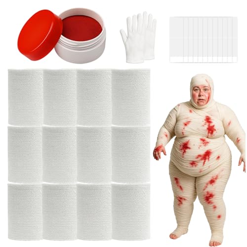 60 Yards 12 Rolls Halloween Mummy Wrap Costumes, Mummy Wrapping Cloth, Mummy Gauze, Mummy Bandages for Cosplay Zombie Makeup Halloween Costumes Accessories for Women Men with Fake Blood Power, Gloves