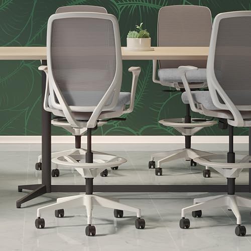 Image of HON Nucleus Task Stool, Ergonomic Office Chair, Home Office Desk Chairs, Synchro-Tilt with Seat Slider, Adjustable Footring, Height-Width Adjustable Arms, Fog Mesh, White Frame, Aspen