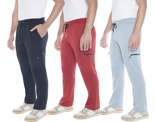 Mens Sweatpants 3-Pack Tech Fleece Cargo Active Athletic Pants with Cargo Zipper Pockets and Drawstring. Sizes: XS to 3XL.
