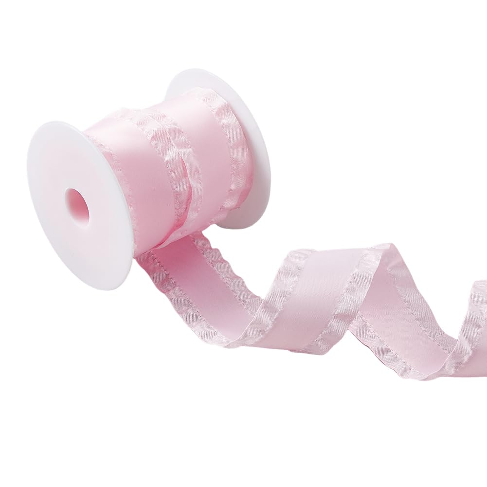 Hobbspring 10 Yards Double Ruffle Ribbon Trim Misty Rose Lace Ribbons Fabric Ruffle Pleated Trim 1-5/8 inch(40mm) Wide Polyester Ribbons for DIY Dress Headwear Decoration and Gift Wrapping