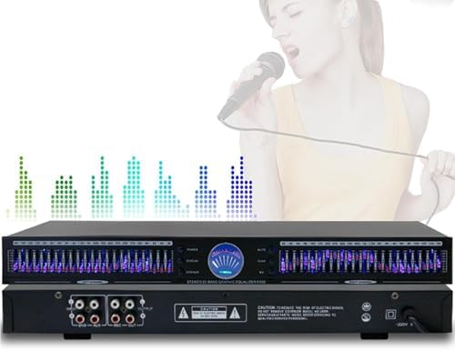 Digital equalizer, 22-band dual-channel graphic equalizer with 10 preset effects, bass/mid/treble adjustment, automatic noise reduction, 1U rack mount for studio use