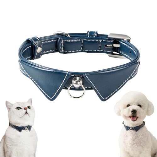 Collare Elegante in Pelle per Gatti e Cani Piccoli, Design Raffinato a Colletto di Camicia con Anello Decorativo, Moda e Comfort per Animaletti, Regolabile, Blu (S 27-37cm)