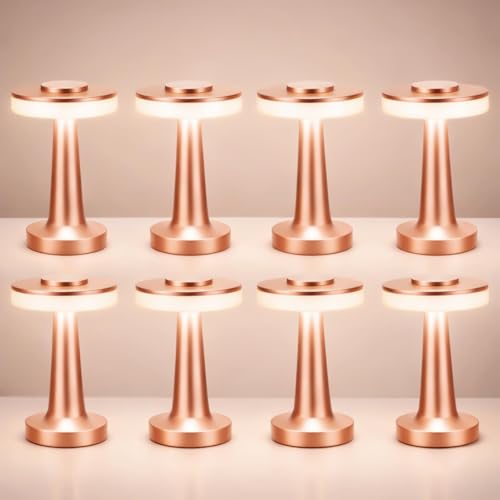 Image of Riakrum 8 Pcs LED Cordless Table Lamp Bulk Rechargeable,Rose Gold | Portable Wireless Lamps, 3 Color Stepless Dimming, 15 Hour Battery, Touch Control, Wedding Home Restaurant Decor