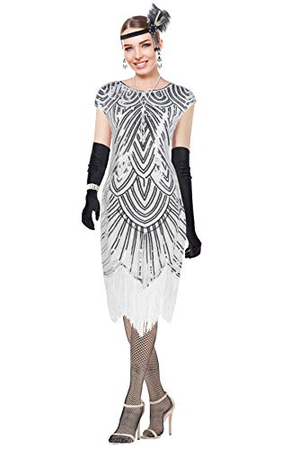 Letter Love Women 1920s Vintage Flapper Fringe Beaded Gatsby Party Dress With 20s Accessories Set (3XL, White) - Thumbnail 2