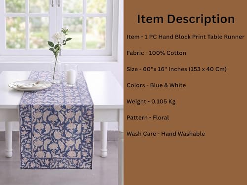 Image of Ravaiyaa - Attitude is everything Cotton Hand Block Printed Table Runner Bed Runner Table Decor (White & Blue Floral)