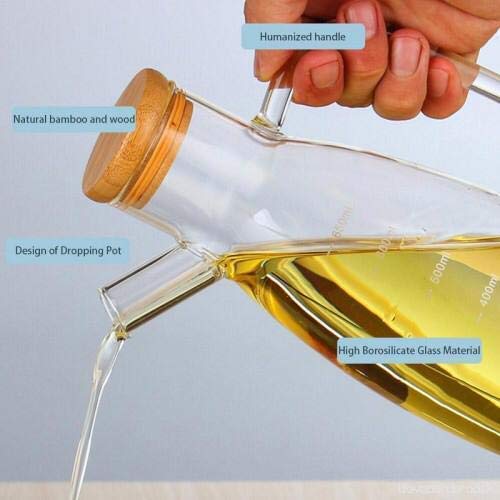 Image of Cooking Seasoning Bottle Glass Oil Dispenser and Stoppers Bottle with Handle,and Wooden Lid Capacity: 900 ml, Transparent (Pack of 1) (wooden lid)