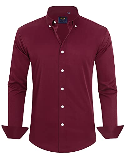 J.VER Herren Hemd Unifarben Stretch Langarm Männer Hemden Regular Fit Herrenhemden Freizeithemden Bügelleichtes Businesshemd Anzug Hemd,Button Down Kragen Bordeauxrot,XL