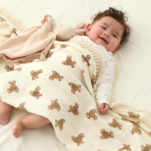 insular Cotton Muslin Baby Blanket with Tassel, Boho Bohemian Muslin Swaddle Blanket Baby Receiving Blanket with Fringe, Nursery Decor Throw or Nursing Blankets, 47" x40”, Little Bear - Image 3