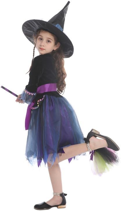 Vista 3 de Disfraz de bruja infantil para niñas, disfraz de bruja de Halloween con sombrero, fiesta de disfraces
