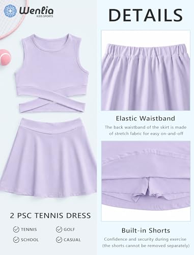 Image of Wenlia Girls Tennis Dress Sleeveless Golf Outfit 2 PCS Athletic Dress Activewear Set with Built in Shorts for 5-14Y
