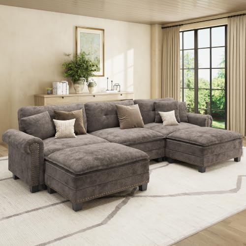 Image of HERA'S HOUSE 116 inch Oversized U Shaped Modular Sectional Couch Living Room | Mid-Century Modern 5-Seater Cloud Sofa, Grayish Brown, Rolled Arms & Nailhead Trim, Wider & Deeper Seats, Ottoman, Chenille