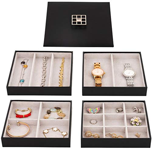 Stock Your Home Jewelry Organizer Stackable Trays with Lid - Elegant Black Faux Leather Jewelry Organizer Box - Use as Stackable Jewelry Tray, Jewelry Organizer For Drawer, and Accessories Storage Box