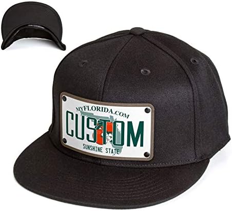 Custom License Plate Snapback Trucker Hat Printed on Leather Patch. Curved Bill.